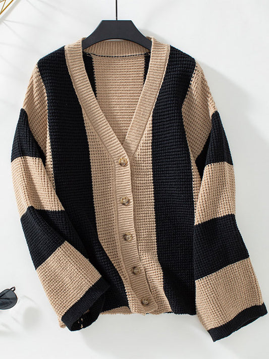 Long Sleeves Loose Buttoned Contrast Color Split-Joint Striped V-Neck Cardigan Tops