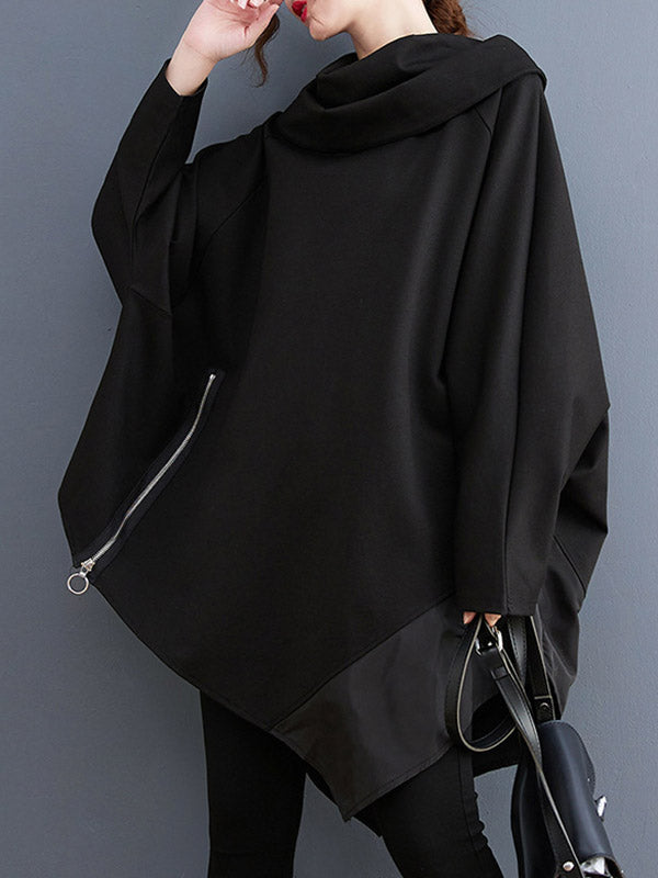 Long Sleeves Loose Asymmetric Split-Joint Zipper Heaps Collar Sweatshirt Tops