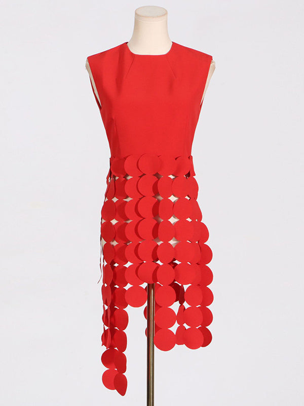 Sleeveless Polka-Dot Solid Color Split-Joint Tasseled Round-Neck Vest Top