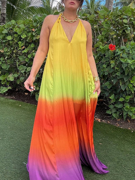 Loose Sleeveless Backless Contrast Color Pleated Split-Joint Tied Spaghetti-Neck Maxi Dresses