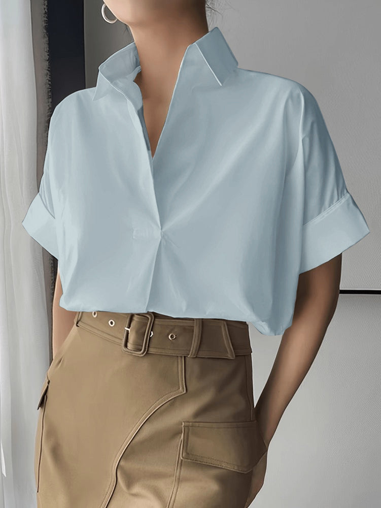 Loose Short Sleeves Solid Color Lapel Blouses&Shirts Tops