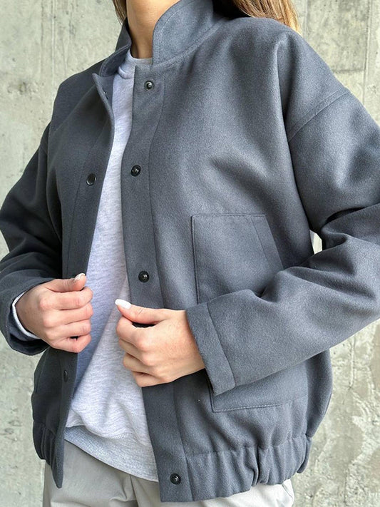 Long Sleeves Loose Buttoned Elasticity Pockets Solid Color Split-Joint Stand Collar Jackets Outerwear