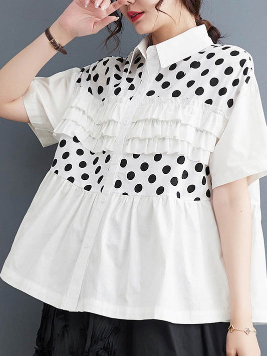 Loose Short Sleeves Contrast Color Pleated Polka-Dot Split-Joint Lapel Blouses