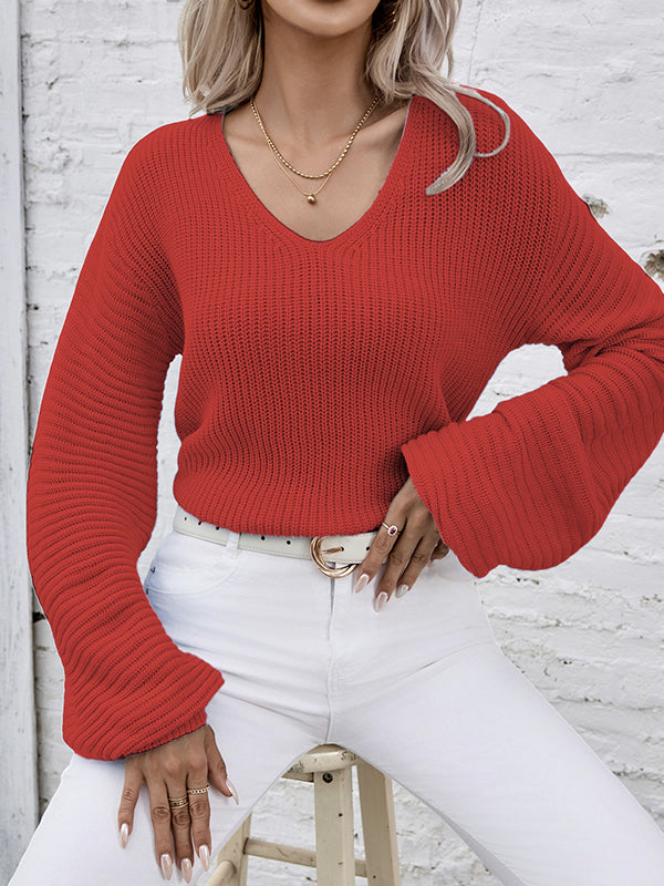 Long Sleeves Loose Solid Color Split-Joint V-Neck Pullovers Sweater Tops