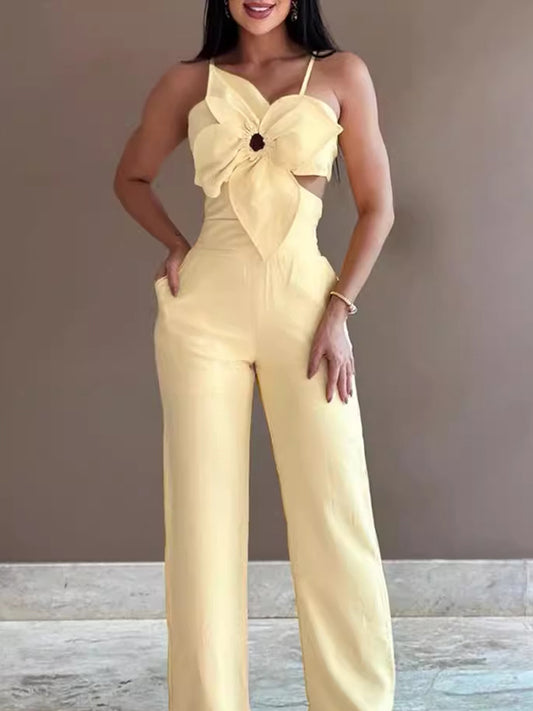 Bodycon High Waisted Elasticity Flower Shape Hollow Pockets Solid Color Tied Spaghetti-Neck Jumpsuits