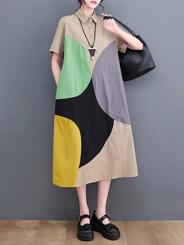 Loose Oversize Color-Block Contrast Color Split-Joint Lapel Midi Dresses Shirt Dress