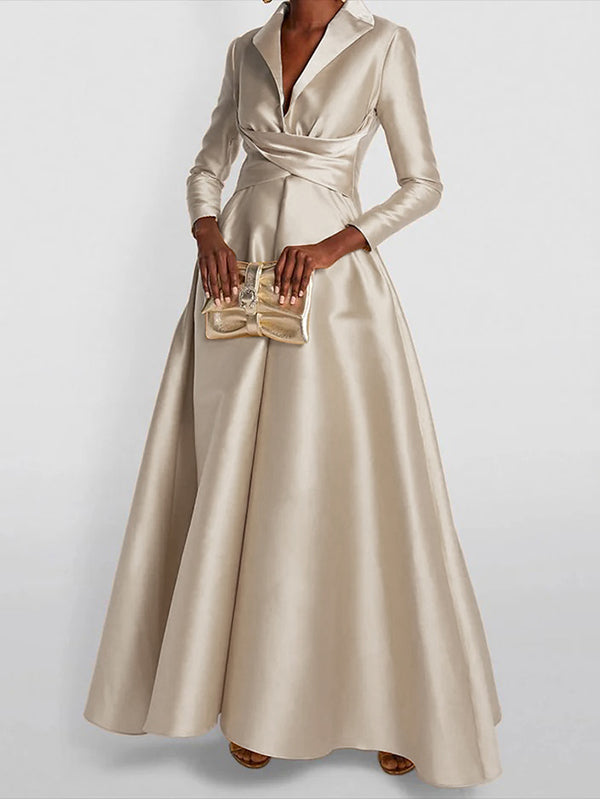 A-Line High Waisted Pleated Solid Color V-Neck Maxi Dresses