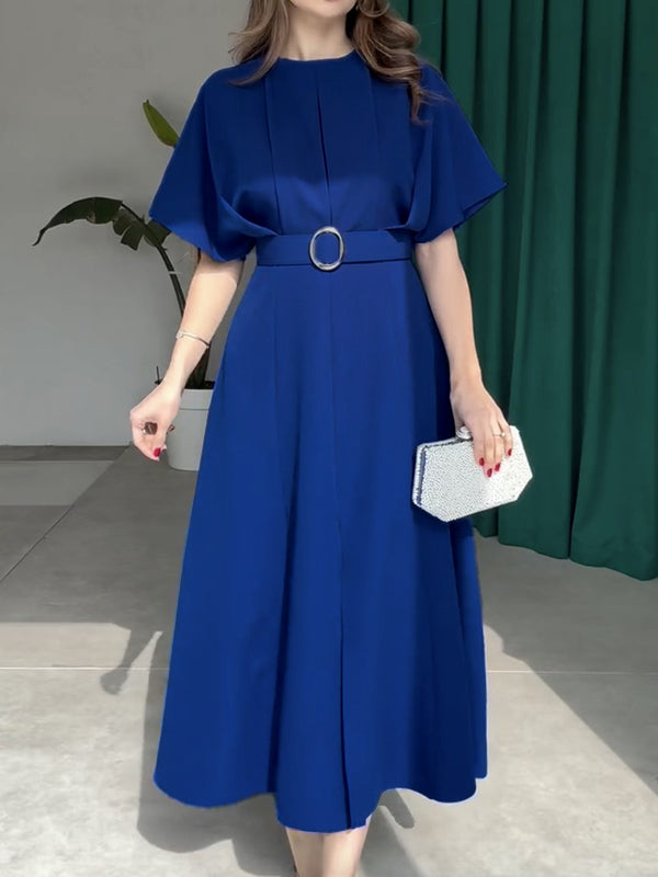 Loose Raglan Sleeve Pleated Split-Front Split-Joint Tied Waist Round-Neck Maxi Dresses