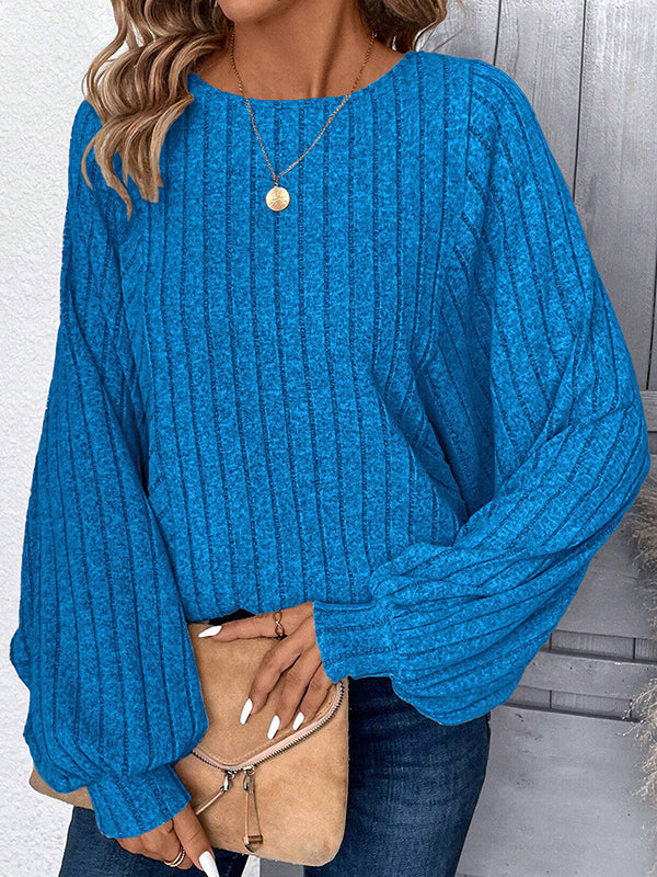 Puff Sleeves Loose Solid Color Split-Joint Round-Neck T-Shirts Tops