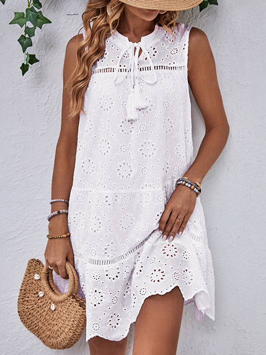 Loose Sleeveless Hollow Lace-Up Solid Color Split-Joint Round-Neck Mini Dresses