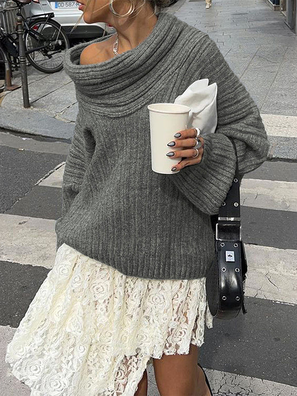 Long Sleeves Loose Solid Color Split-Joint Off-The-Shoulder Pullovers Sweater Tops