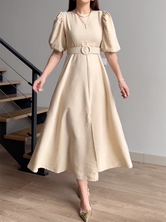 Half Sleeves Puff Sleeves Belted Solid Color Split-Front Round-Neck Midi Dresses