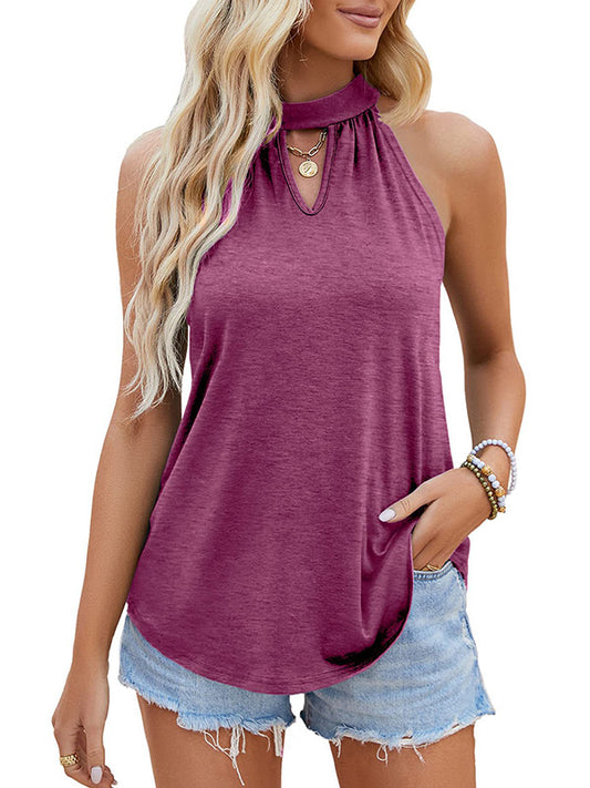 Loose Sleeveless Colorful Hollow Pleated Solid Color Tied Halter-Neck Vest Top