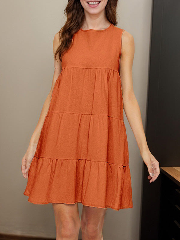 A-Line Loose Pleated Solid Color Split-Joint Round-Neck Mini Dresses