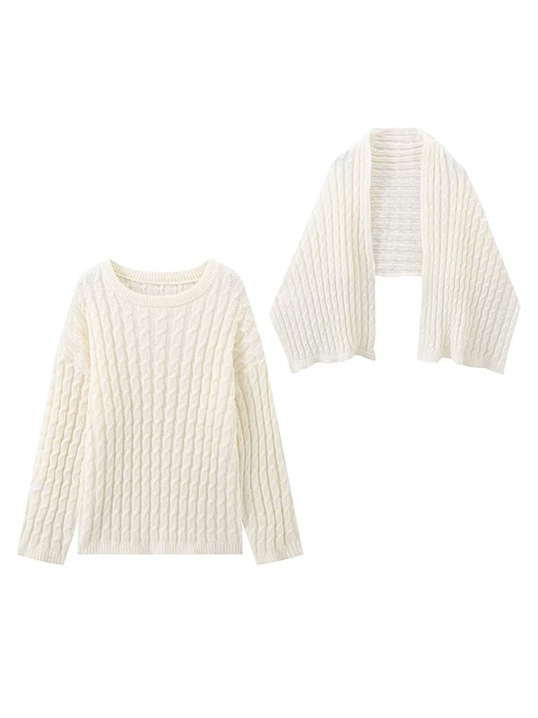 Long Sleeves Loose Solid Color Split-Joint Round-Neck Sweater Tops + Scarf Two Pieces