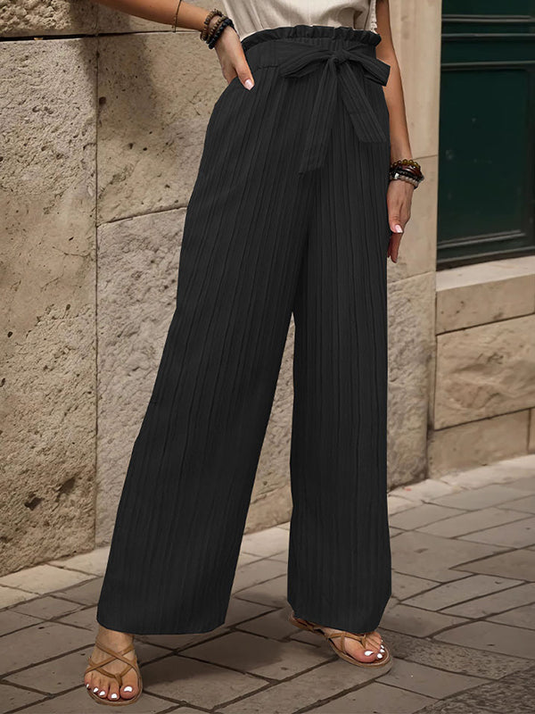 High Waisted Loose Elasticity Pleated Solid Color Tied Waist Pants Trousers