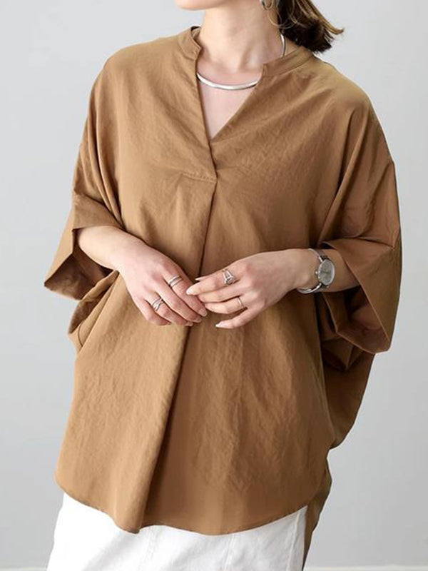 Half Sleeves High-Low Pleated Solid Color Split-Joint V-Neck Blouses&Shirts Tops