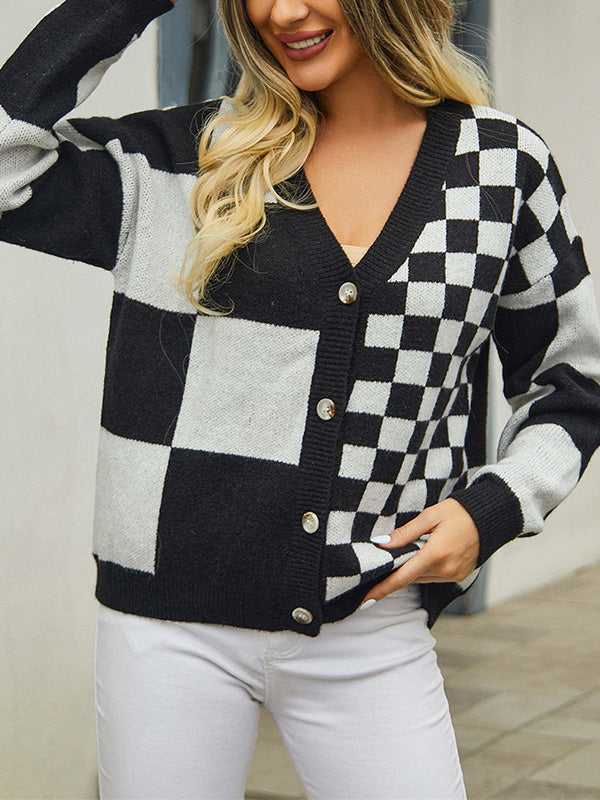 Long Sleeves Loose Buttoned Contrast Color Plaid Split-Joint V-Neck Cardigan Tops