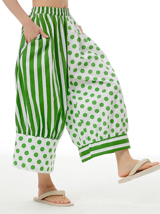 Loose Wide Leg Contrast Color Elasticity Polka-Dot Split-Joint Striped Cropped Trousers Pants