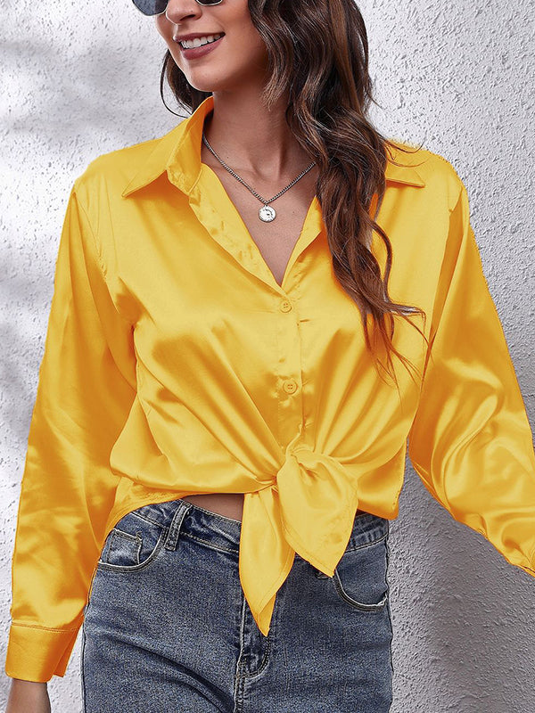 Long Sleeves Loose Solid Color Lapel Blouses&Shirts Tops