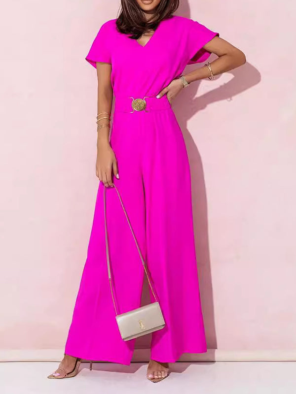 High Waisted Loose Belted Pleated V-Neck Jumpsuits