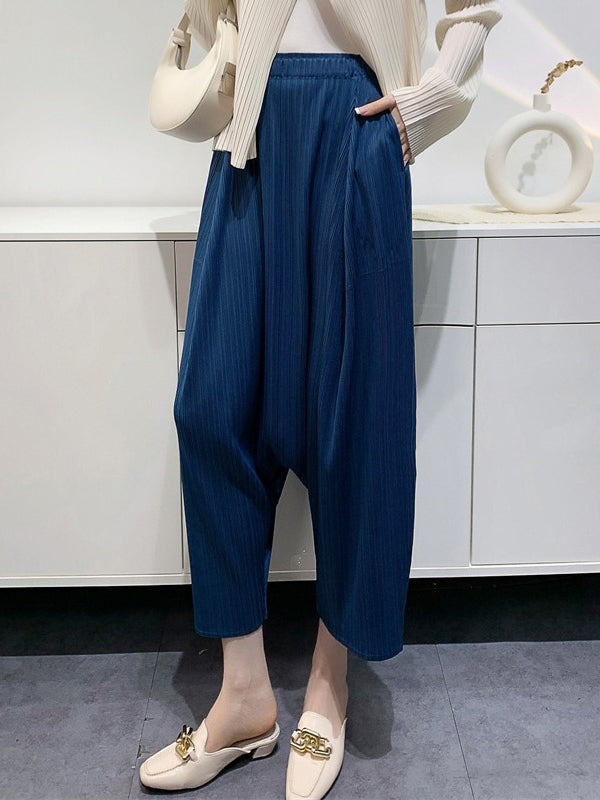 Harem Pants High Waisted Elasticity Pleated Solid Color Split-Joint Ninth Pants Pants Trousers