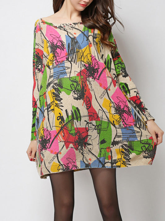 Long Sleeves Loose Printed Split-Joint Round-Neck Sweater Tops